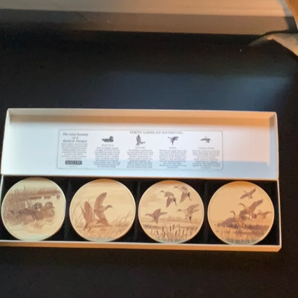Vintage Waterfowl Coasters Set of 4 Vintage Barlow Scrimshaw Bird Original Box